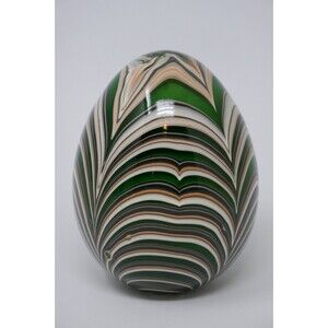 Hand Blown Art Glass Egg Shaped Pulled Feather Design Paperweight
